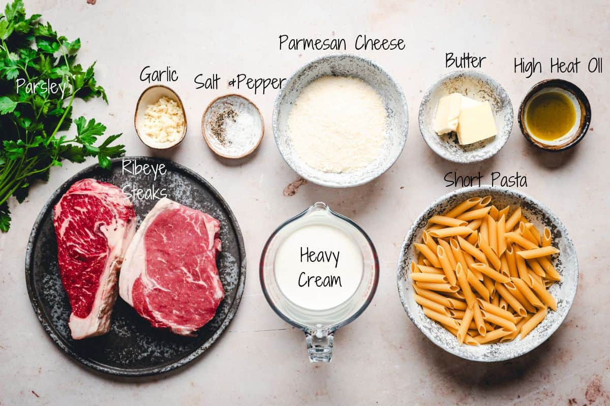 Steak Pasta Ingredients on a granite surface.