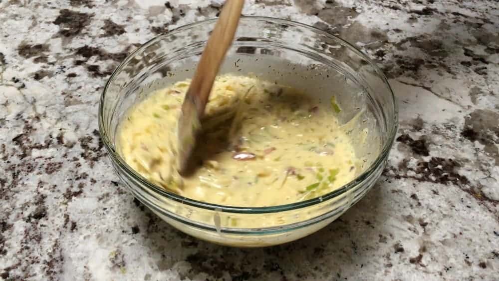 Stirring Eggs Cream Bacon and Leeks together