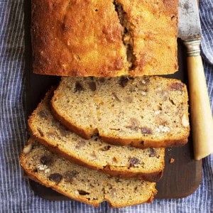 Sweet Potato Bread sliced and served on a wooden board