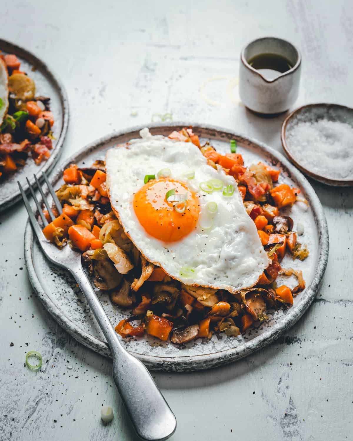 Single plate of Sweet Potato Hash from angle.