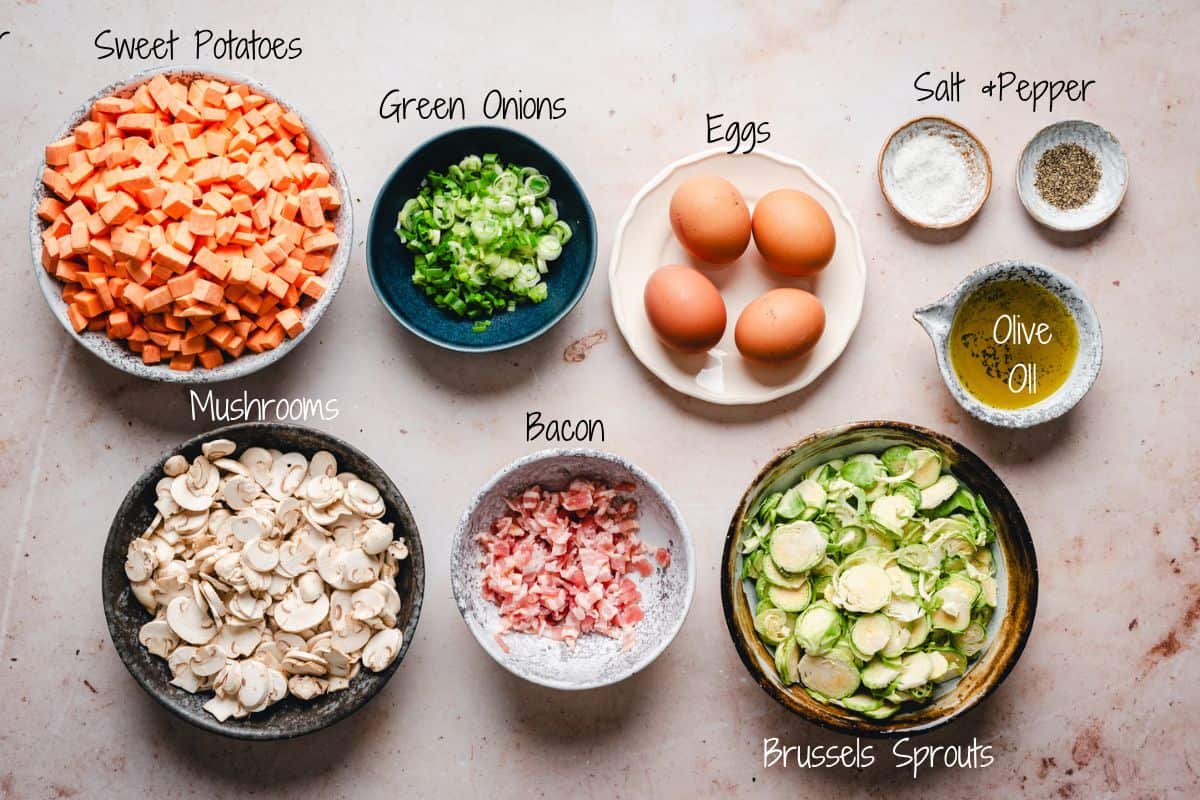 Sweet Potato Hash Ingredients on a granite surface.