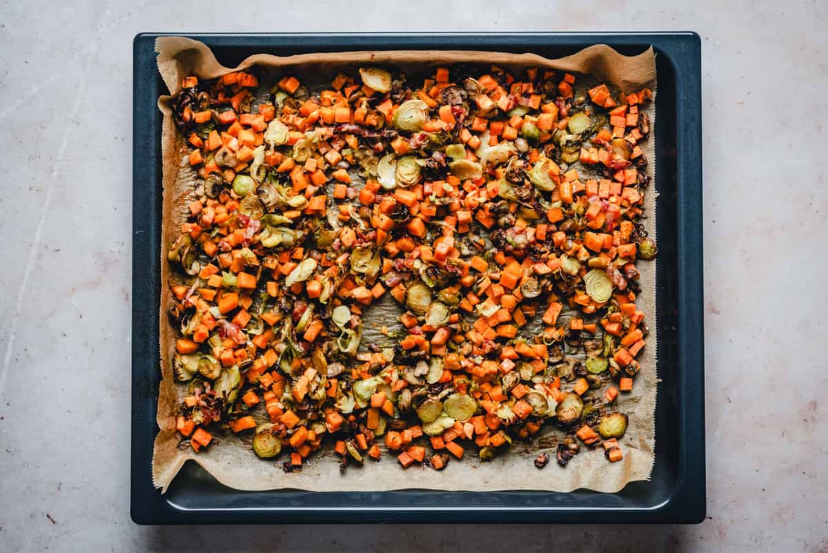 Sweet Potato Hash on baking sheet fully cooked.