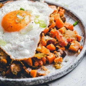 Sweet Potato Hash photographed at an angle up close.