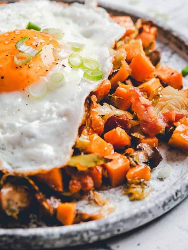 Sweet Potato Hash photographed at an angle up close.