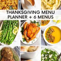 grid of 9 images of thanksgiving dishes with the title Thanksgiving Menu Planner and 6 menus.