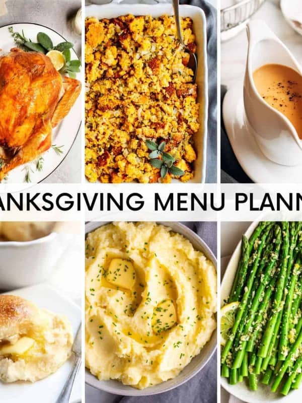 grid of 9 images of thanksgiving dishes with the title Thanksgiving Menu Planner.