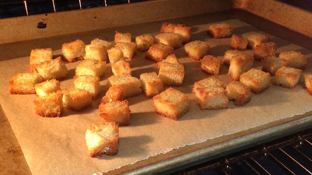 Toasting Croutons for Tomato Bisque