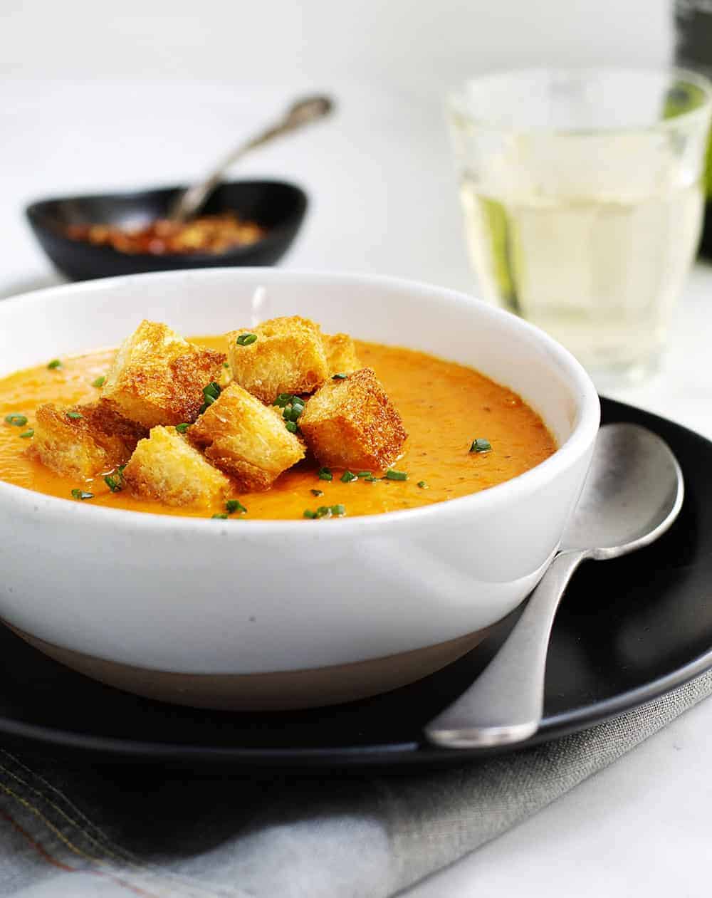 Tomato Bisque served in a white bowl