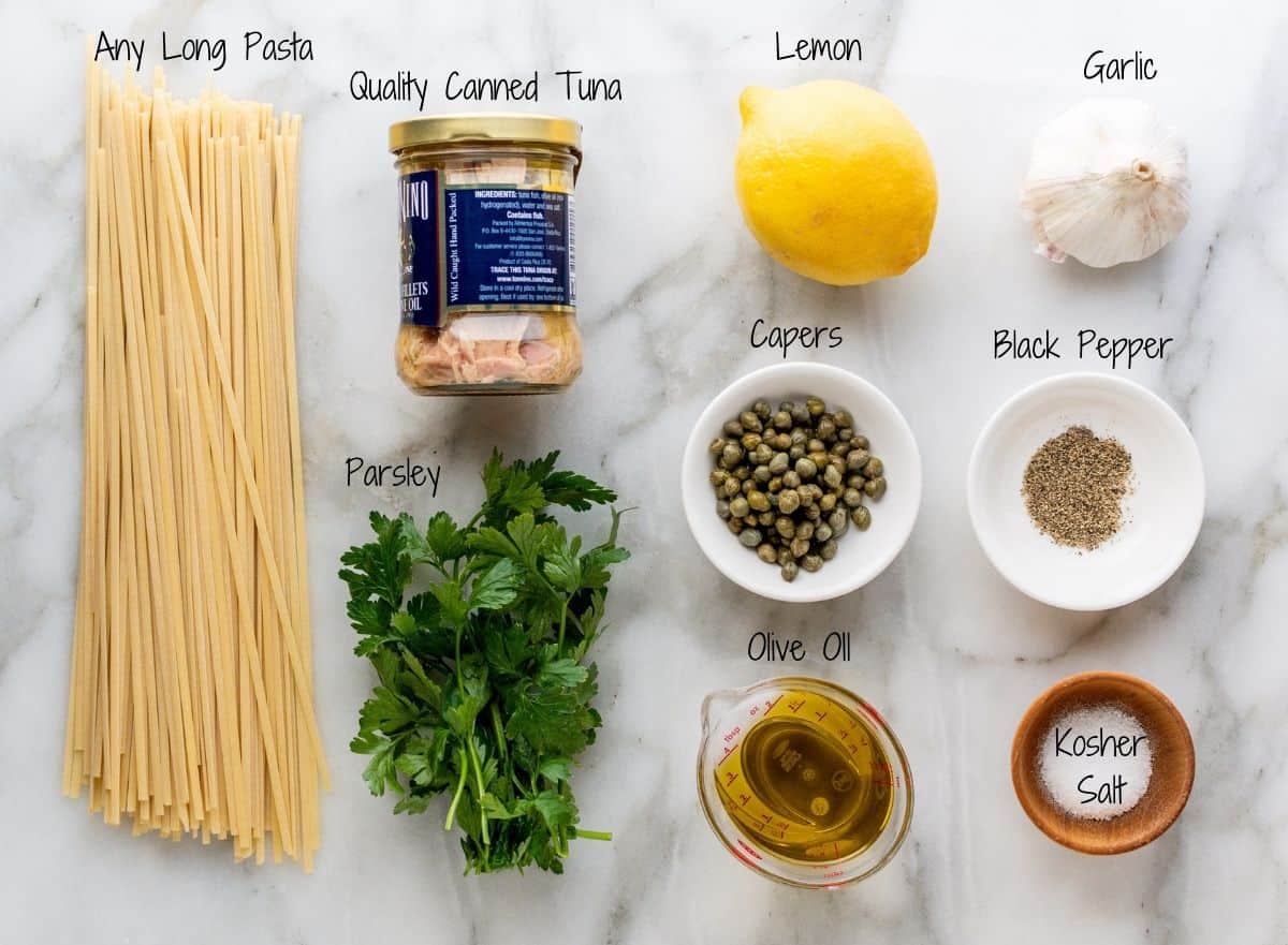 Tuna Pasta Ingredients on a white marble board.