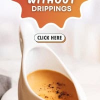 A white gravy boat filled with turkey gravy, garnished with pepper. Text reads "Turkey Gravy Without Drippings." A clickable button says "Click Here." Website "pinchandswirl.com" is at the bottom.