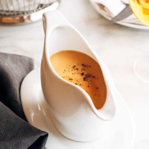 Turkey Gravy without Drippings in a white ceramic gravy boat.