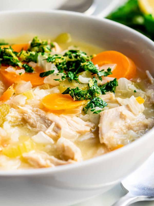 Turkey and Rice Soup served in a white bowl