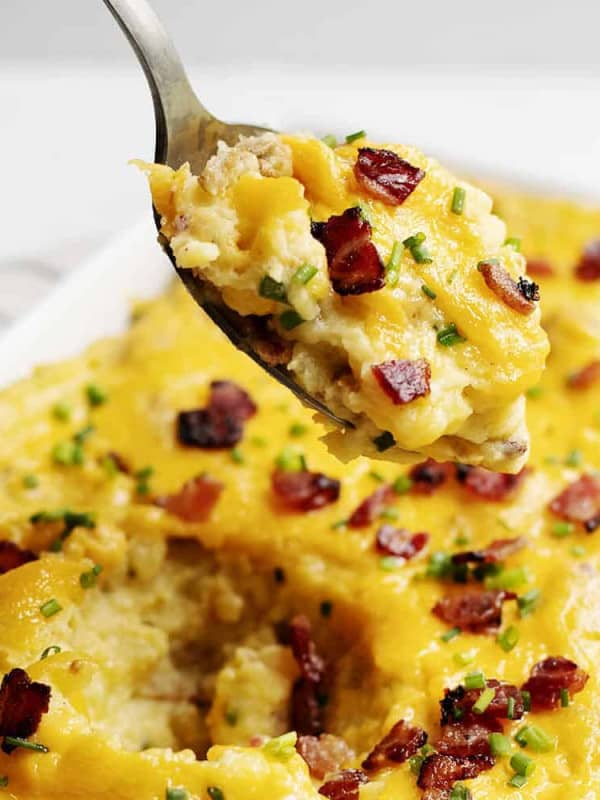 twice baked mashed potatoes on a serving spoon