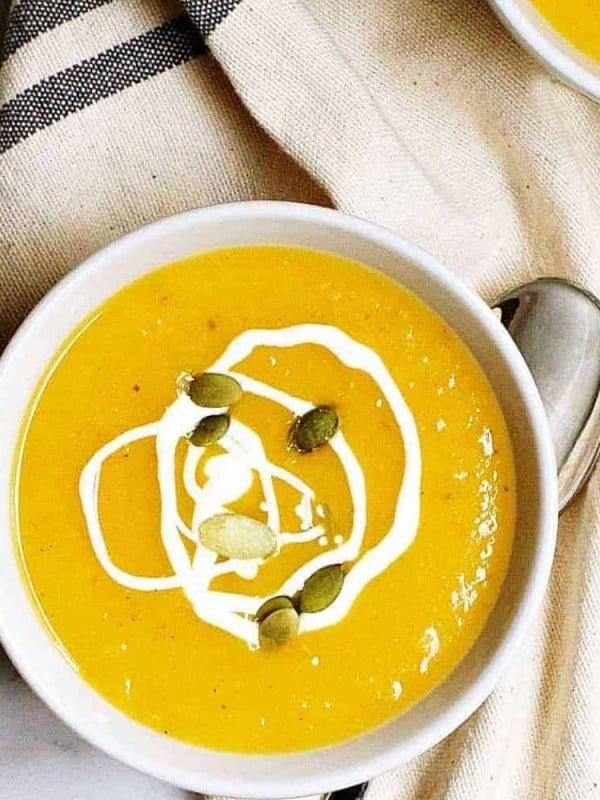 Vegan Butternut Squash Soup served in white bowls