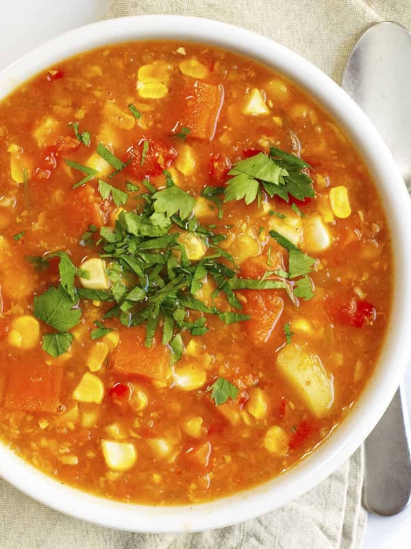 Vegan Corn Chowder served in a white bowl