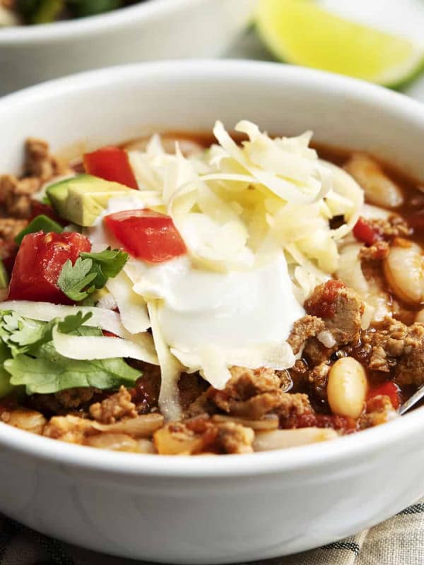 White Bean Turkey Chili served in a white bowl