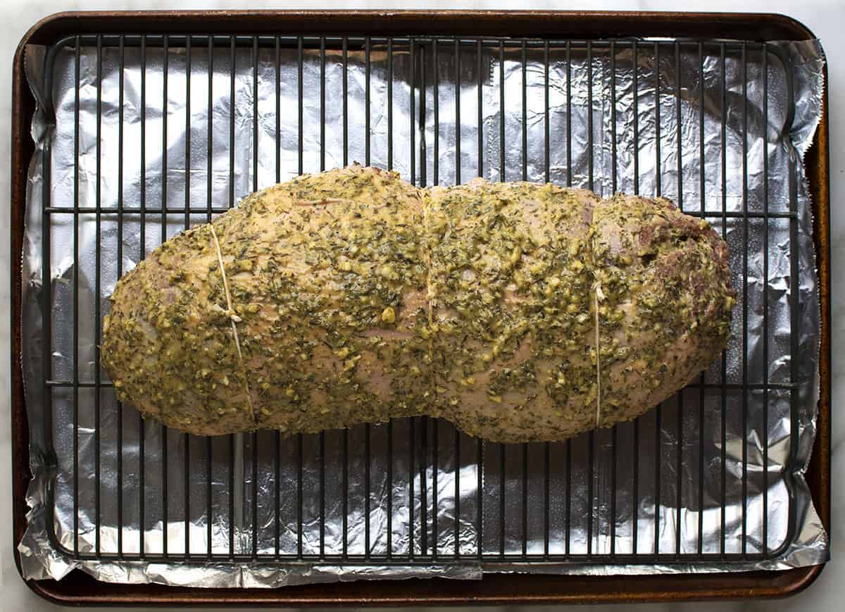 boneless leg of lamb top rubbed with herb paste