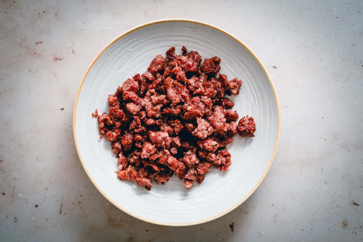 browned sausage in a bowl.