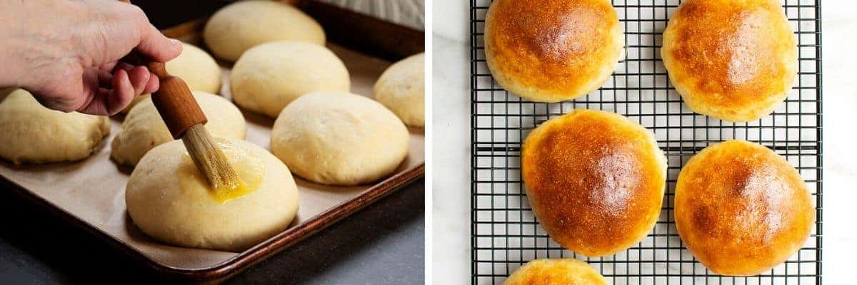 brushing buns with egg wash and baked baked buns on cooling rack