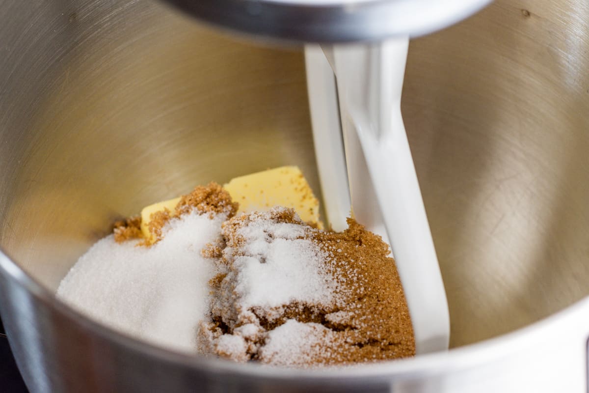 butter and sugars in mixer.