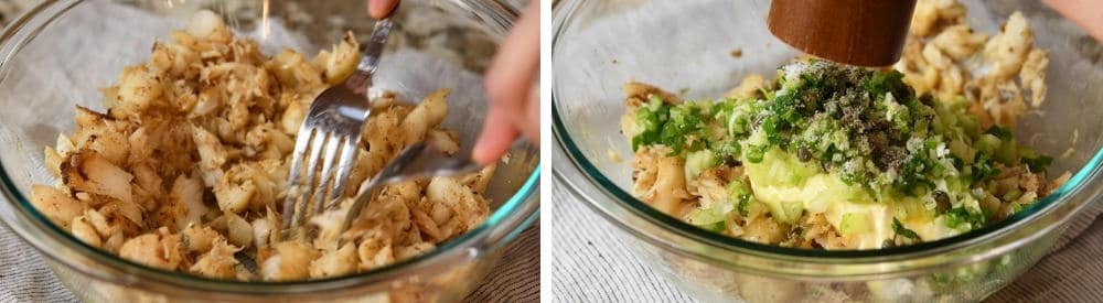 flaking cooked fish and fish cake ingredients in a bowl