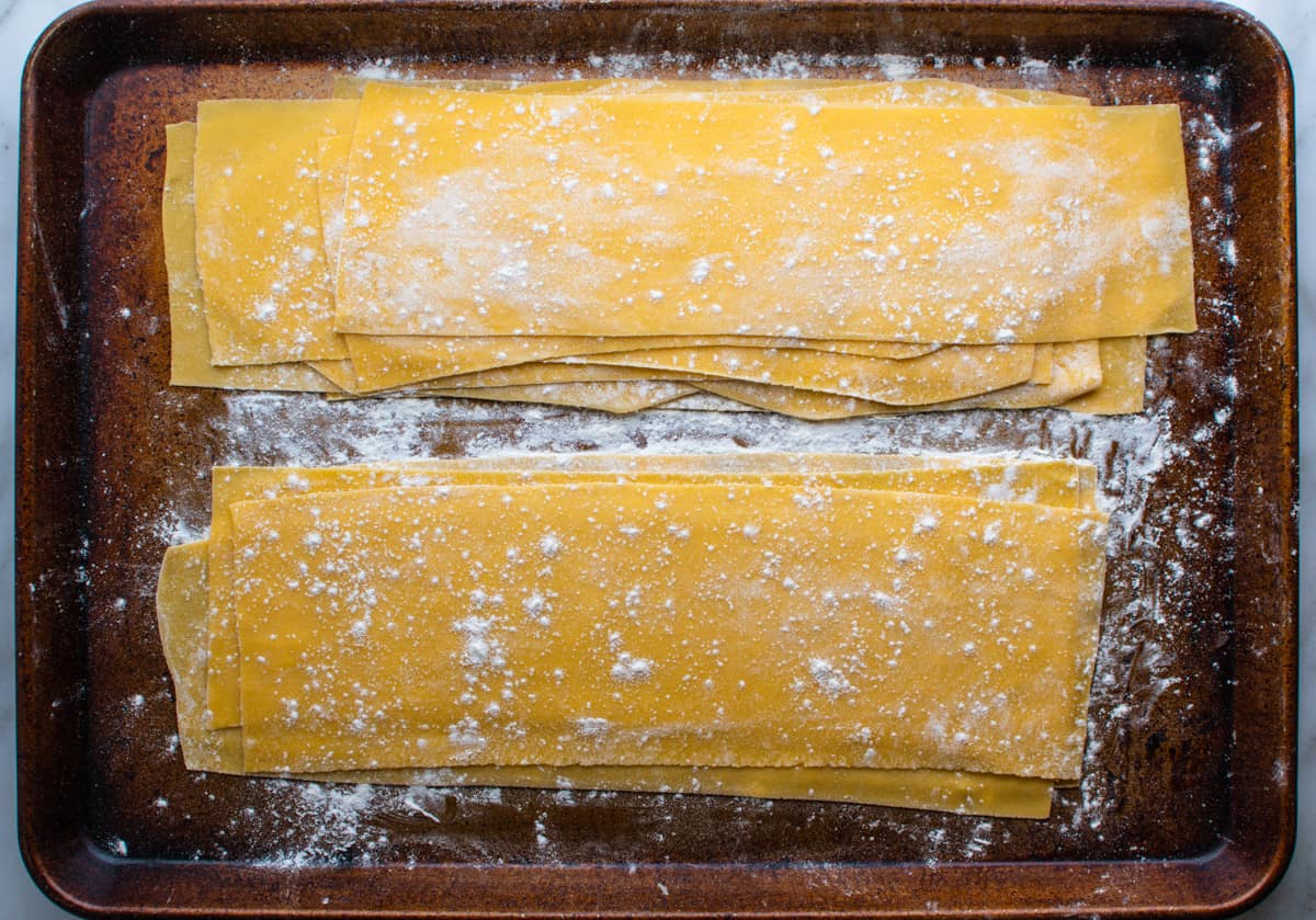 homemade lasagna noodles on a floured baking sheet