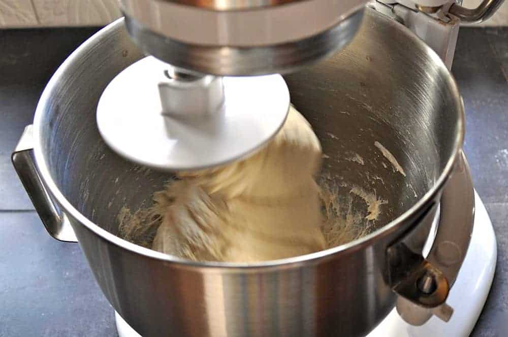 kneading English Muffin Dough in a stand mixer