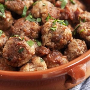 Spanish Meatballs served in a cazuela