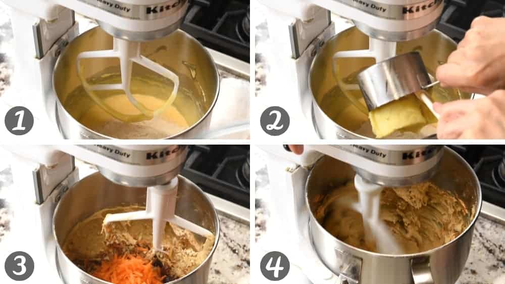 mixing dry ingredients and mashed sweet potato to batter