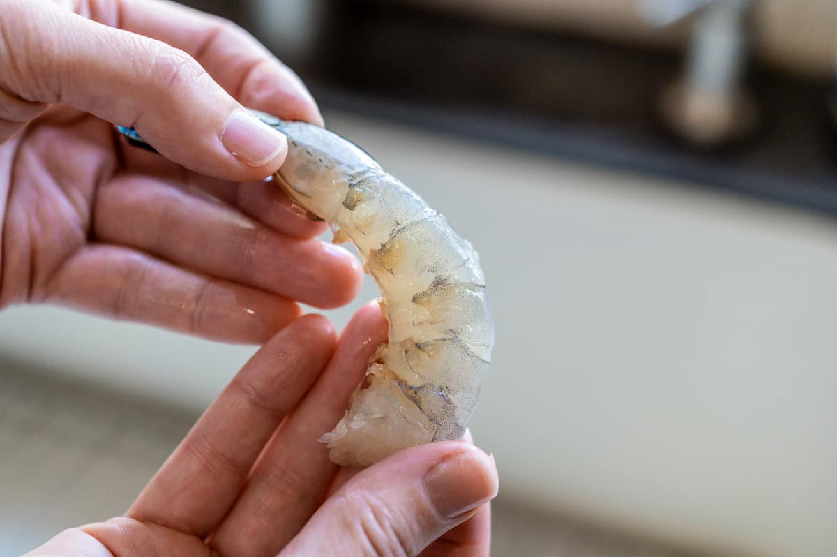 peeled raw shrimp with tail intact.