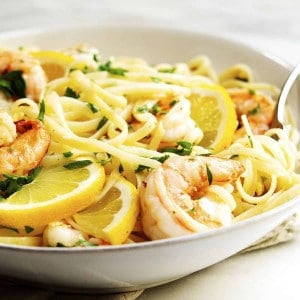 Lemon Garlic Shrimp Pasta served in a white bowl