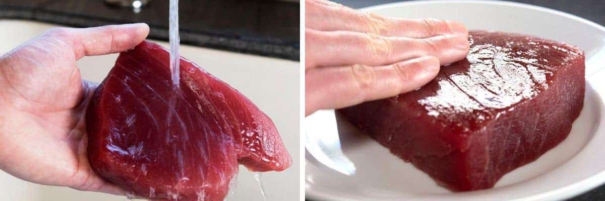 rinsing tuna steak and rubbing with oil