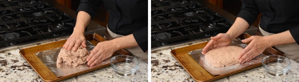 shaping gyro meat into a rectangle on a foil lined baking sheet