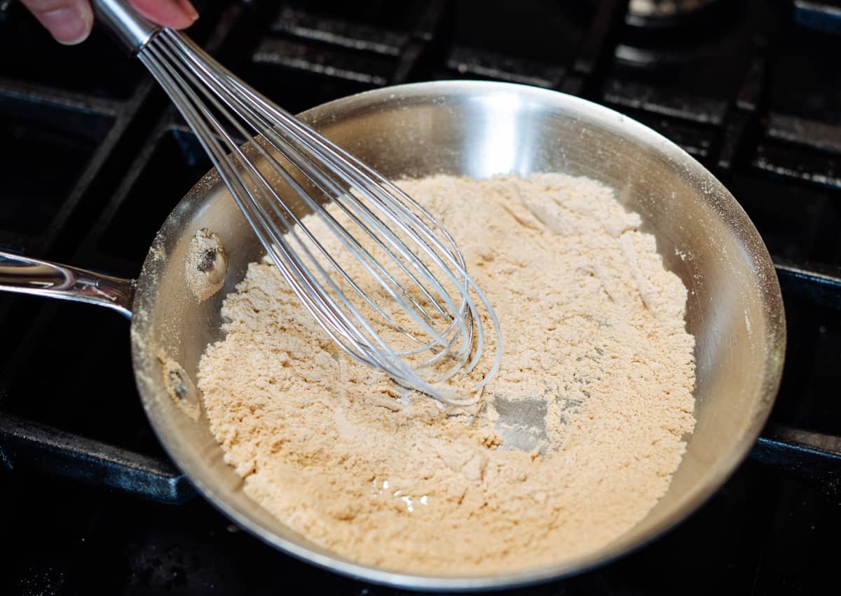 toasted white flour in a skillet.