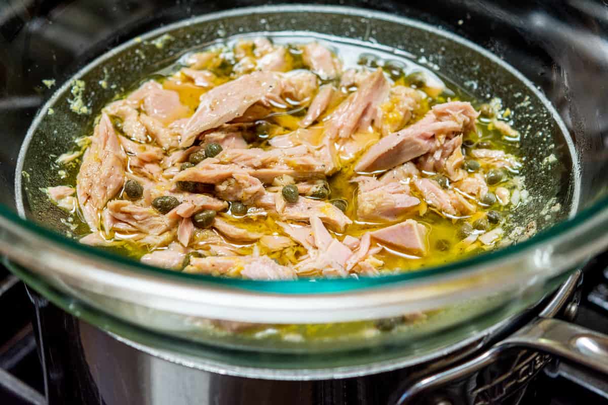 warming ingredients for tuna pasta sauce.