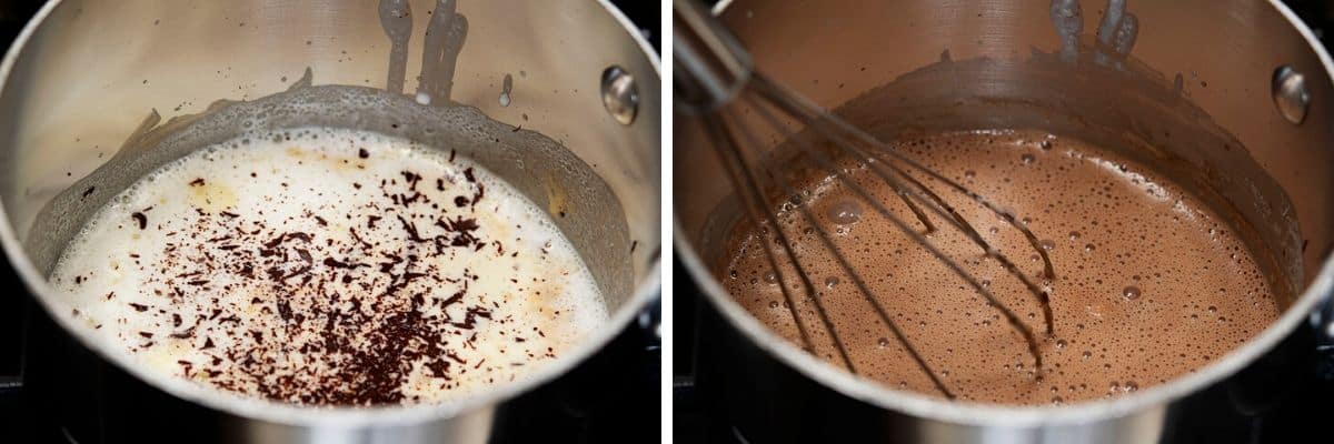 whisking chocolate into hot cream mixture